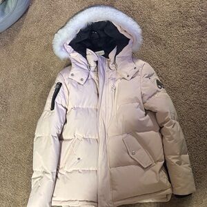 Moose Knuckles Beige Puffer Jacket with Faux Fur Hood